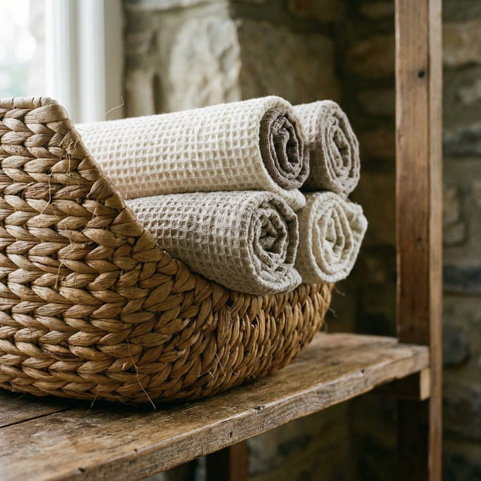 Close-up of a woven basket on a shelf containing neatly rolled linen hand towels in neutral tones