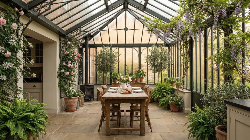 Greenhouse extension off a kitchen with a glass-and-iron roof