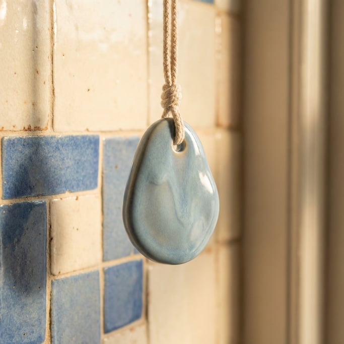 Detail of a handmade ceramic light pull in a bathroom, showing the smooth glaze in pale blue