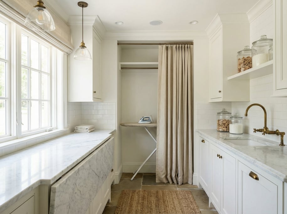 Laundry room with a marble folding counter, linen-draped ironing niche