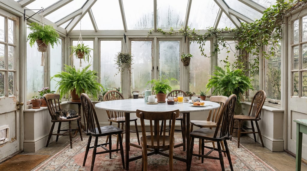 Conservatory breakfast room with a round marble table, mismatched vintage chairs