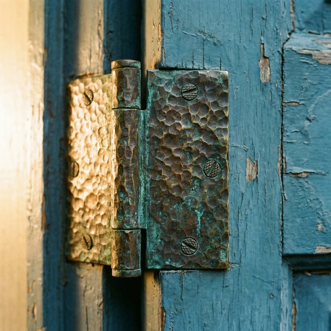 Close-up of a custom brass door hinge on a painted wooden door