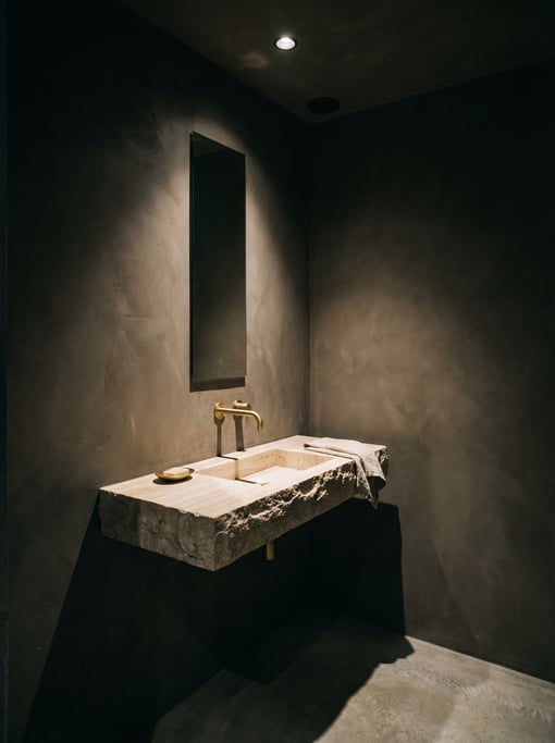 Minimalist powder room with a single floating stone shelf sink, a narrow vertical mirror