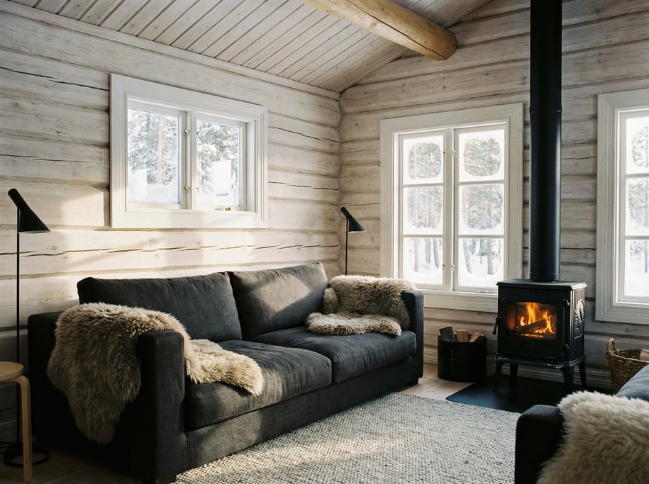 Modern log cabin interior with whitewashed log walls, a contemporary sofa in dark linen
