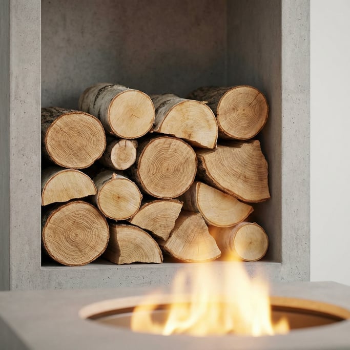 Close-up of stacked firewood in a modern indoor log store niche