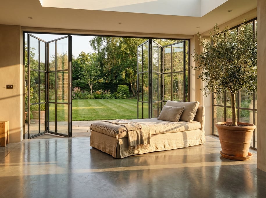 Garden room extension with polished concrete floor, steel-framed glass doors folded open to a lawn