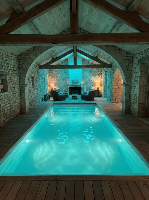 Indoor swimming pool in a basement with stone walls