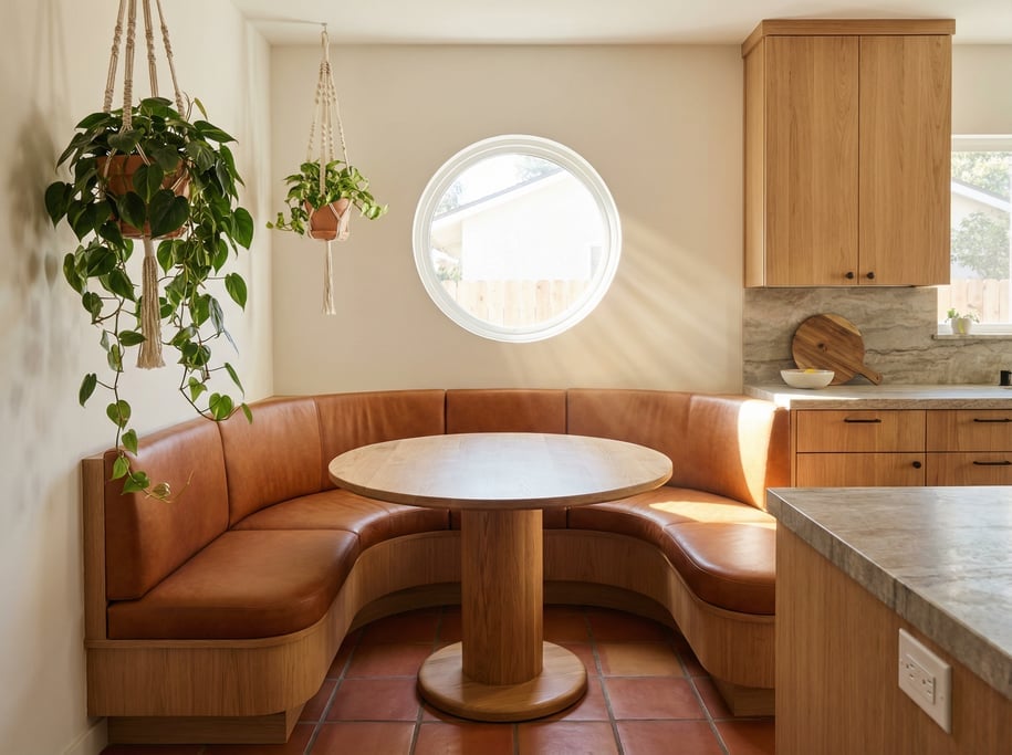 Contemporary kitchen with a breakfast nook: a curved built-in bench in warm leather