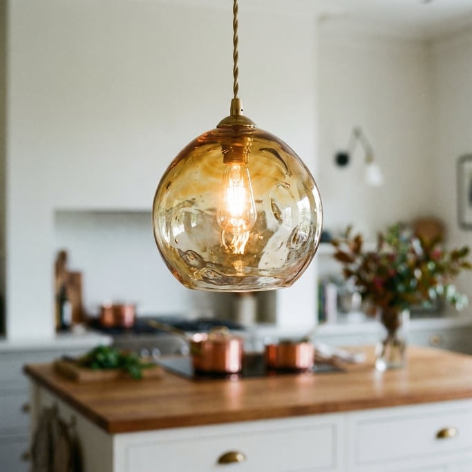 Close-up of a hand-blown glass pendant light showing the swirled amber and clear glass