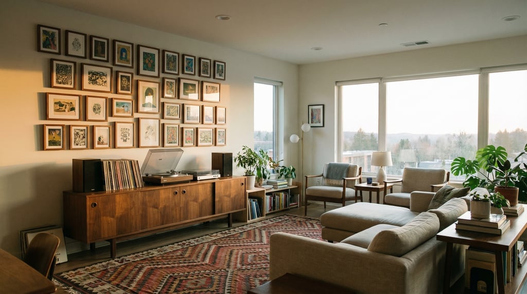 Wide modern living room with a low credenza housing a record player
