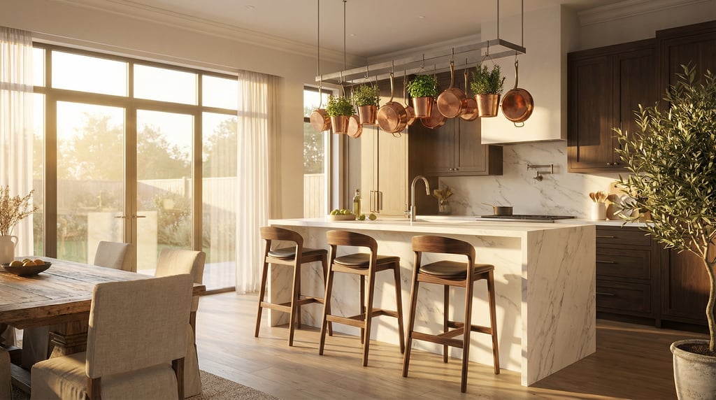 Open-plan kitchen dining with a waterfall-edge stone island, walnut bar stools