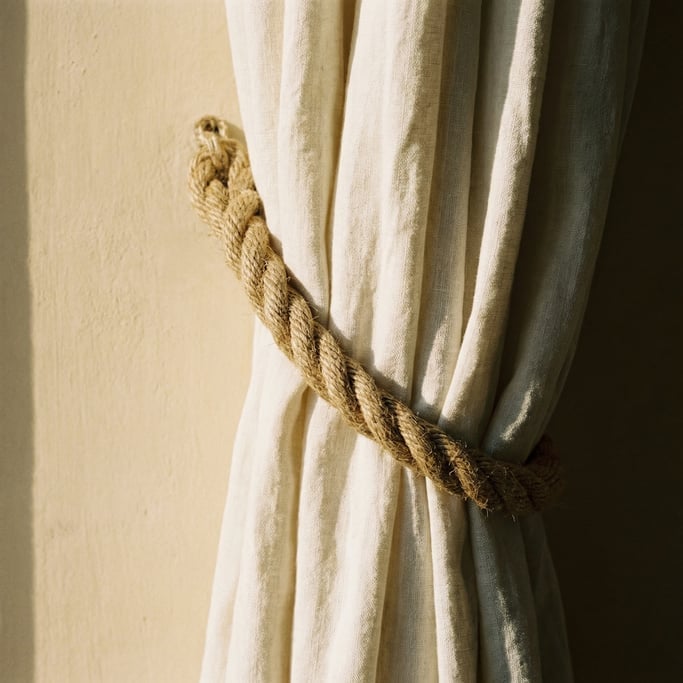 Detail of a linen curtain tie-back in natural jute rope against a limewash wall