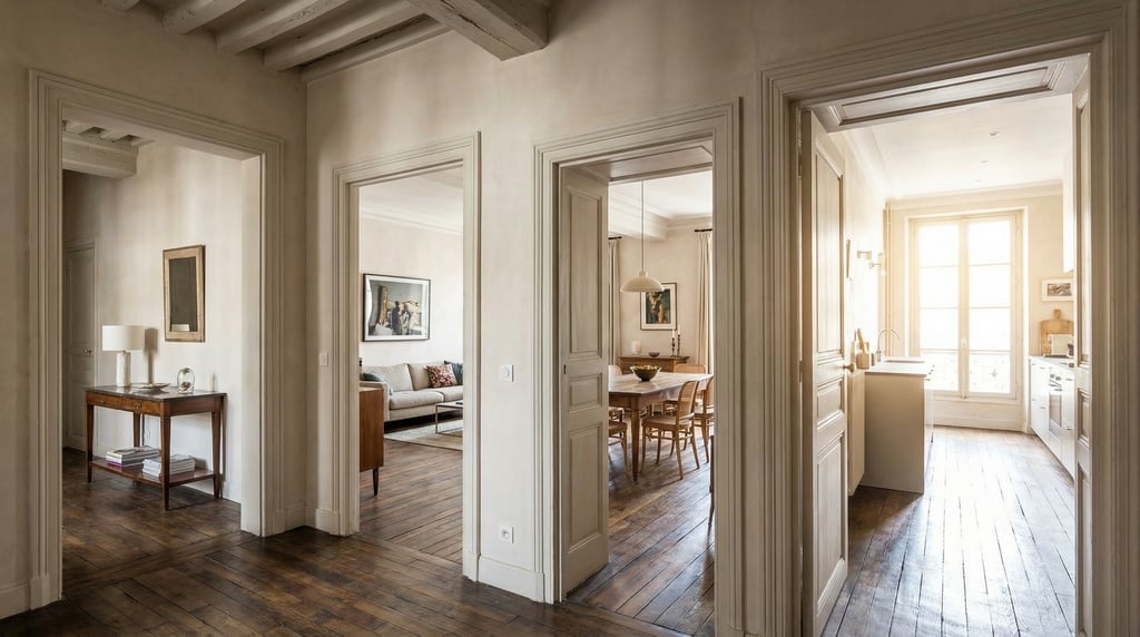 Long view through a sequence of aligned doorways in a renovated apartment