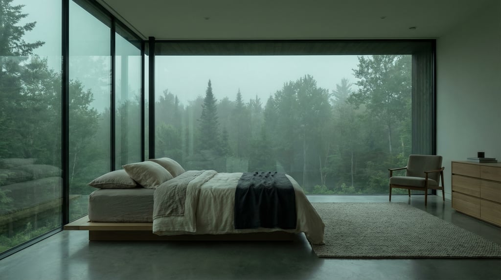 Modern bedroom with a panoramic window wall overlooking a forest, the bed facing the view