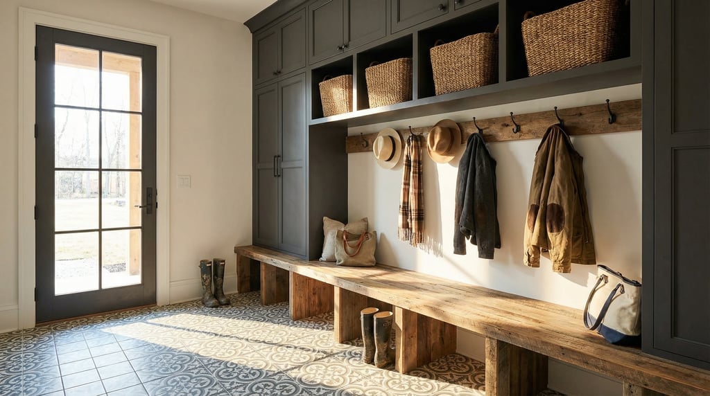 Wide shot of a modern mudroom with a long wooden bench, built-in lockers with woven baskets