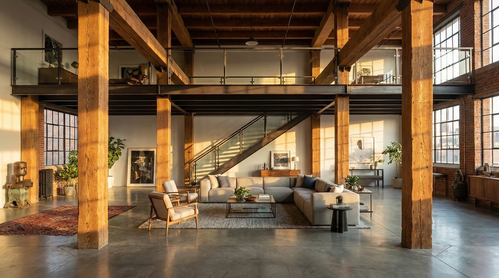 Expansive living space in a converted warehouse with original timber columns, new steel mezzanine
