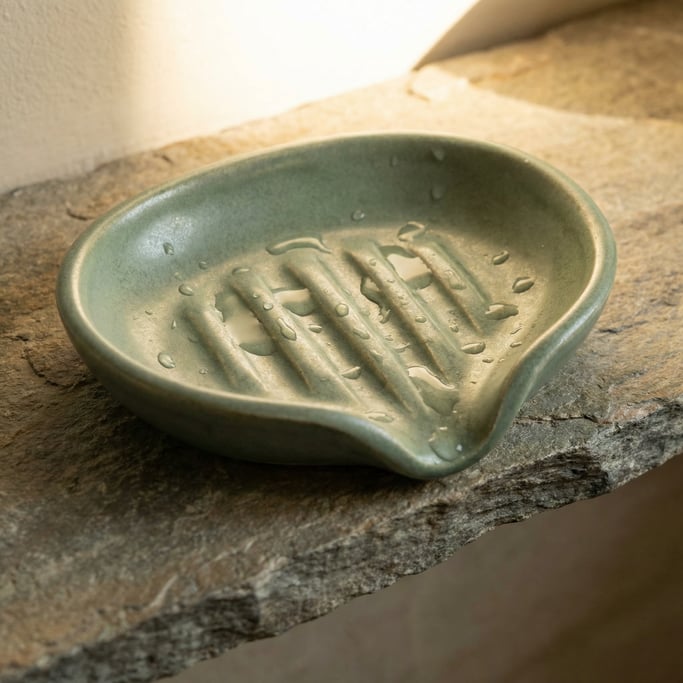 Close-up of a ceramic soap dish on a stone bathroom shelf