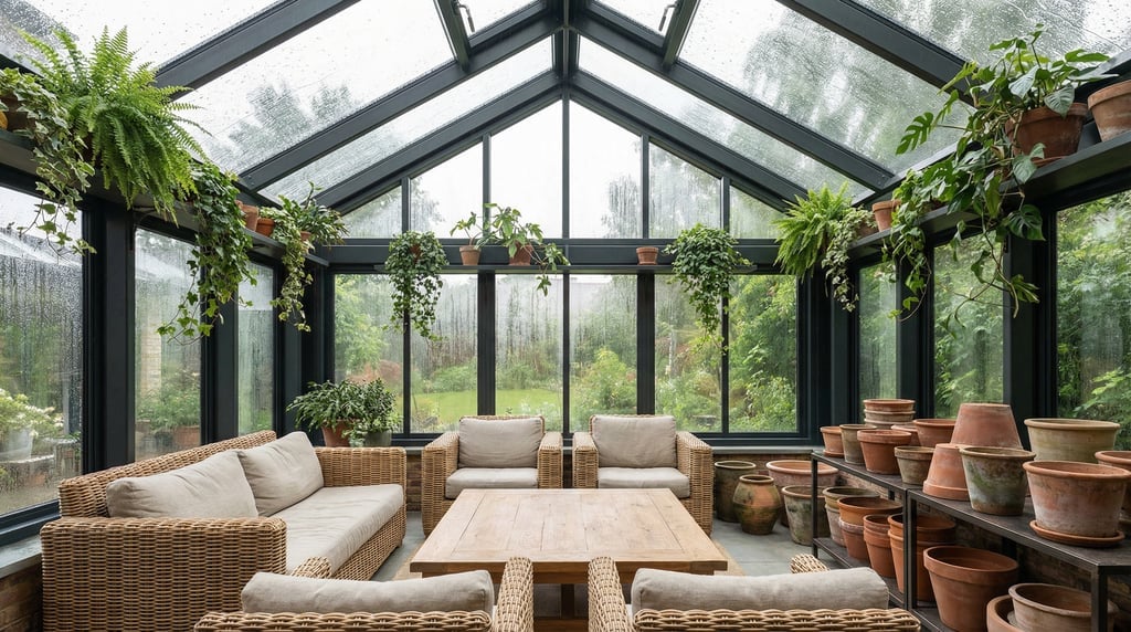 Modern sunroom with a vaulted glass ceiling, wicker furniture in natural tones, trailing plants