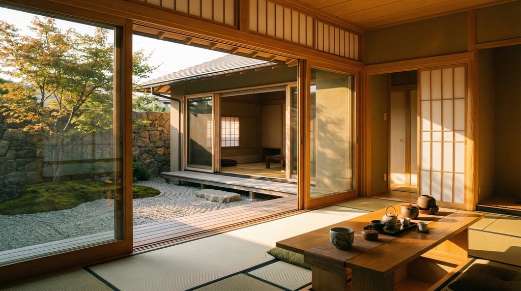Wide shot of a Japanese-inspired garden room with sliding glass panels open to a raked gravel courty