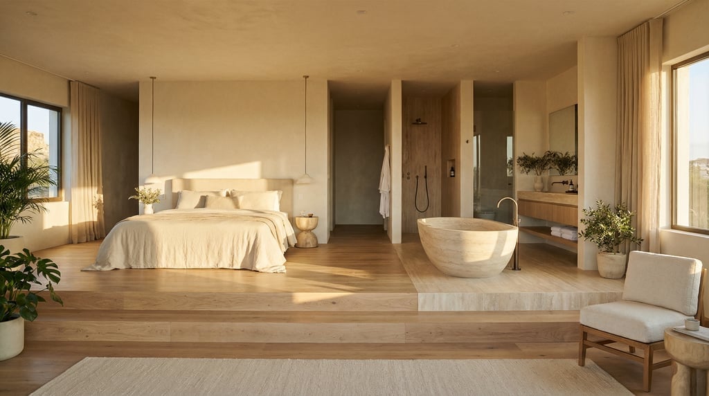 Panoramic master suite with the bedroom flowing into a freestanding bath area, no walls between