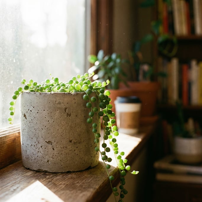 Close-up of a cast concrete planter on a windowsill with a small trailing string-of-pearls plant