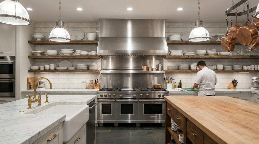 Wide kitchen with a professional-style range in stainless steel