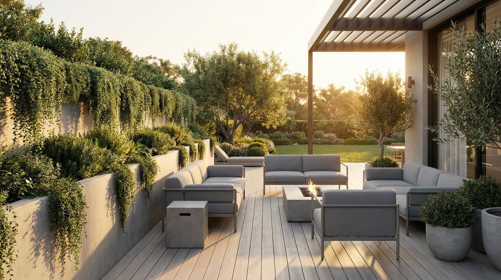 Modern terrace with built-in planters forming a green wall border