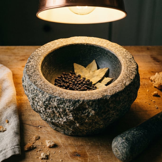 Close-up of a stone mortar bowl on a kitchen counter holding whole peppercorns and bay leaves