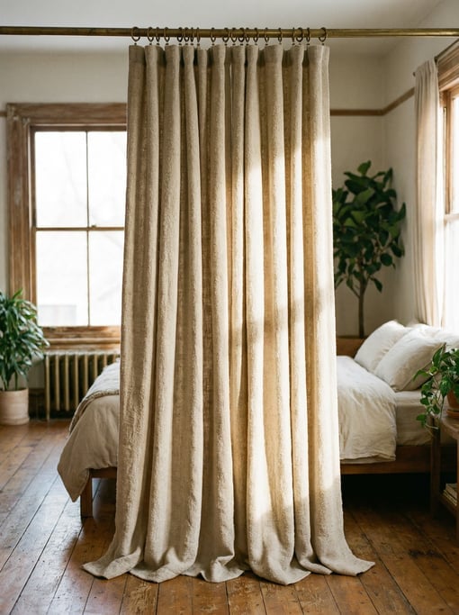 Full-height shot of a bedroom curtain in heavy natural linen