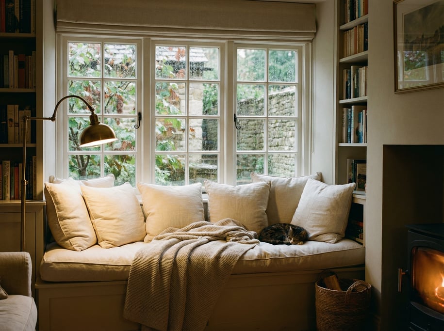 Cozy window seat with deep cushions in cream linen, a reading lamp, a cashmere throw