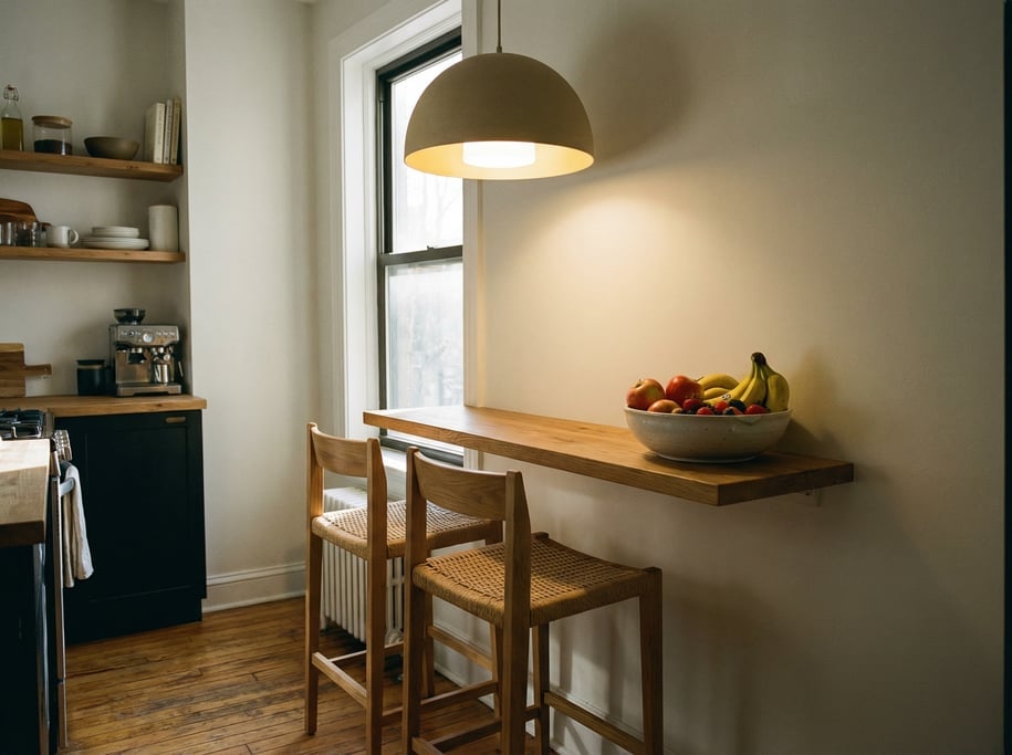 Breakfast bar in a compact apartment kitchen with two oak stools, a slim floating counter