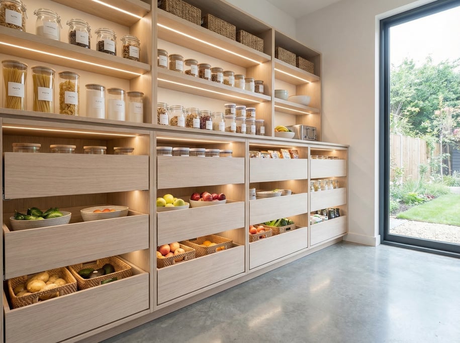 Modern pantry with floor-to-ceiling pull-out drawers in pale wood, labeled glass containers