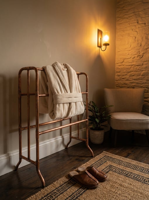 Ensuite bedroom corner with a freestanding copper towel rail, a folded bathrobe