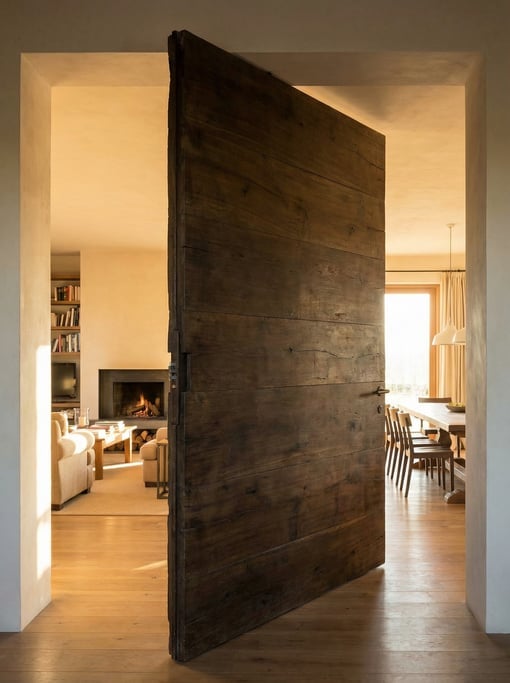 Floor-to-ceiling pivot door in dark timber, shown half-open between two rooms