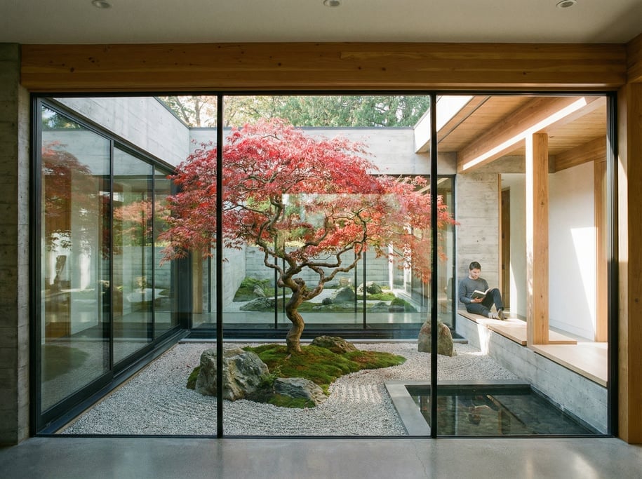 Modern courtyard house viewed from inside looking out through full-height glass