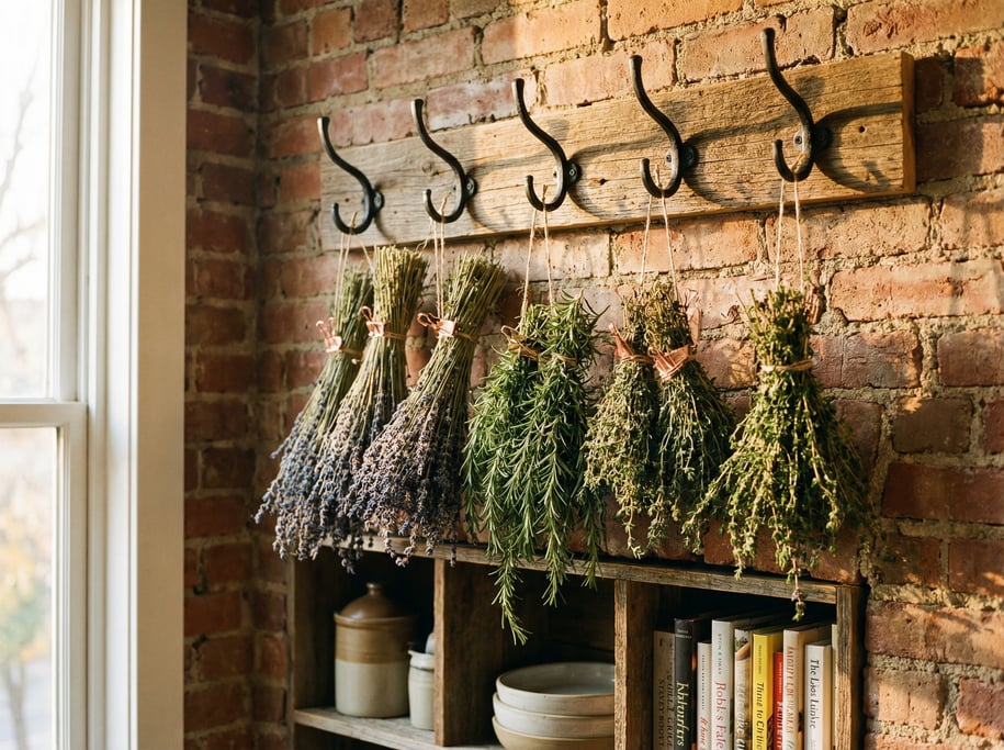 Kitchen herb drying rack mounted on a brick wall with bundles of dried lavender, rosemary