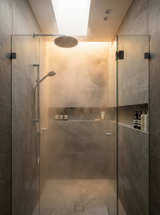 Tall modern shower with dual shower heads at different heights, large format grey stone tiles