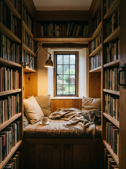 Narrow reading alcove with built-in bookshelves on three sides