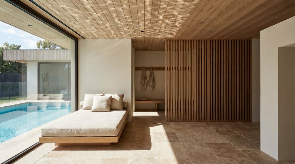 Modern pool house interior with tiled floor, a changing area behind a slatted screen
