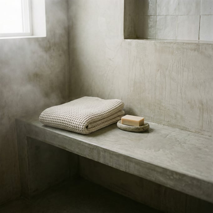 Detail of a concrete bathroom bench in a walk-in shower, showing the smooth cast surface