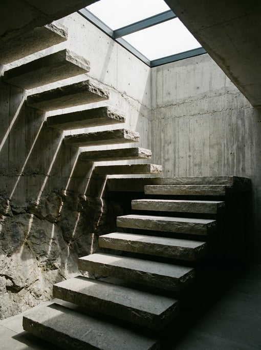 Architectural staircase with cantilevered stone treads emerging from a rough textured wall