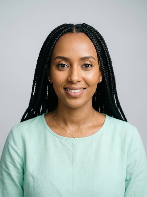 Professional studio headshot of a 32-year-old Ethiopian woman with long box braids in black
