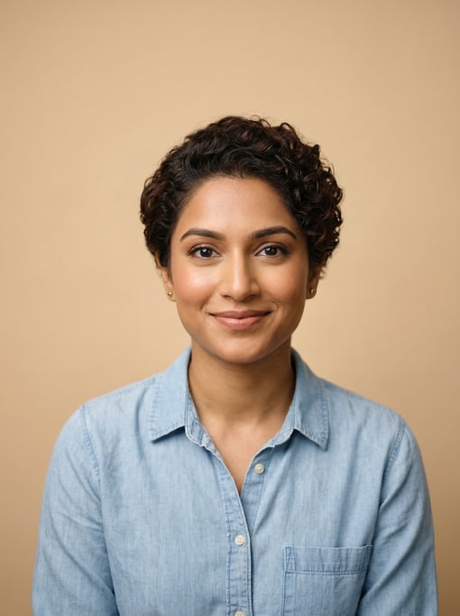 Professional studio headshot of a 27-year-old South Asian woman with a tapered natural cut in dark b