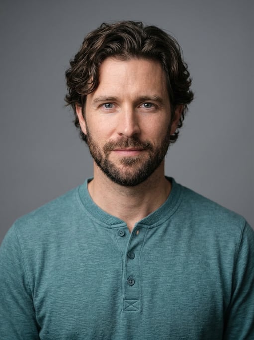 Professional studio headshot of a 37-year-old White Nordic man with medium-length wavy dark brown ha