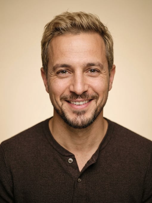 Professional studio headshot of a 37-year-old North African man with short dirty blonde hair