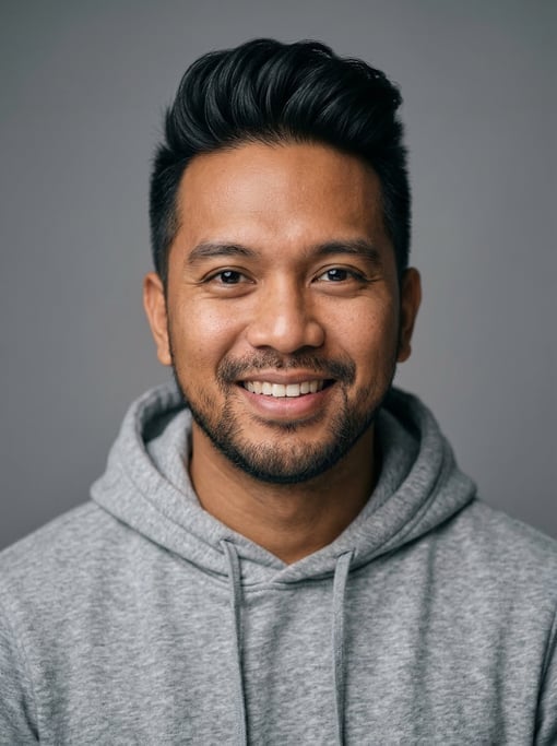 Professional studio headshot of a 34-year-old Filipino man with a quiff in black
