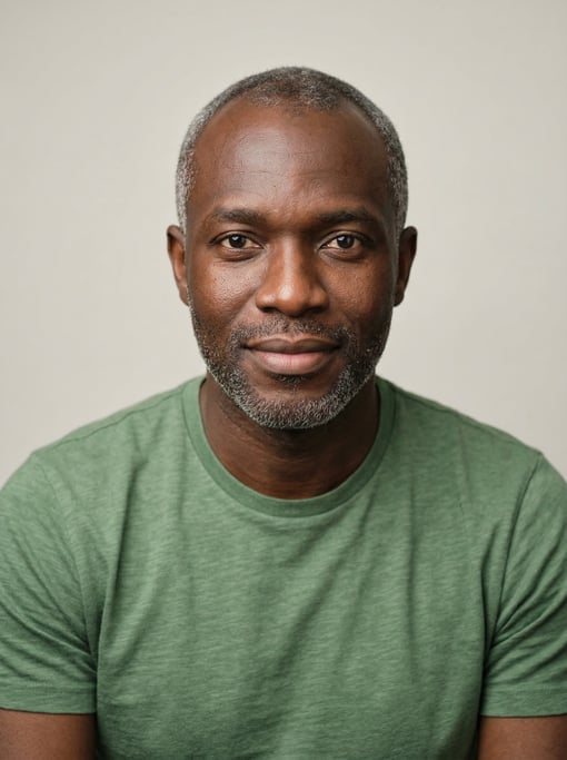 Professional studio headshot of a 36-year-old Nigerian man with receding hairline with short grey ha