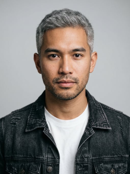 Professional studio headshot of a 24-year-old Southeast Asian man with fully grey short cropped hair