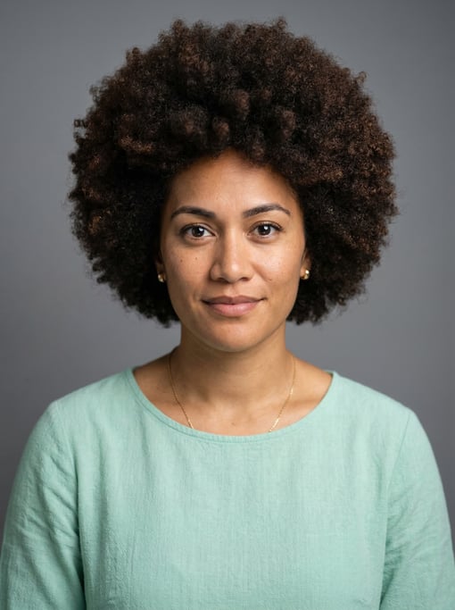 Professional studio headshot of a 30-year-old Polynesian woman with a natural afro in dark brown