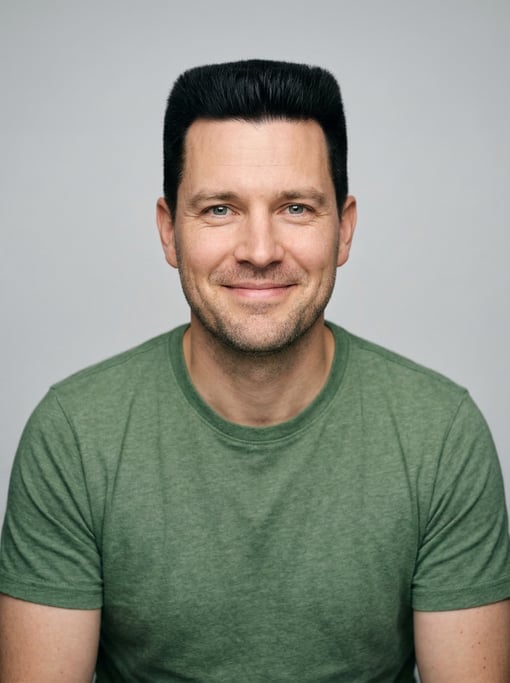 Professional studio headshot of a 37-year-old White Nordic man with a flat top in black